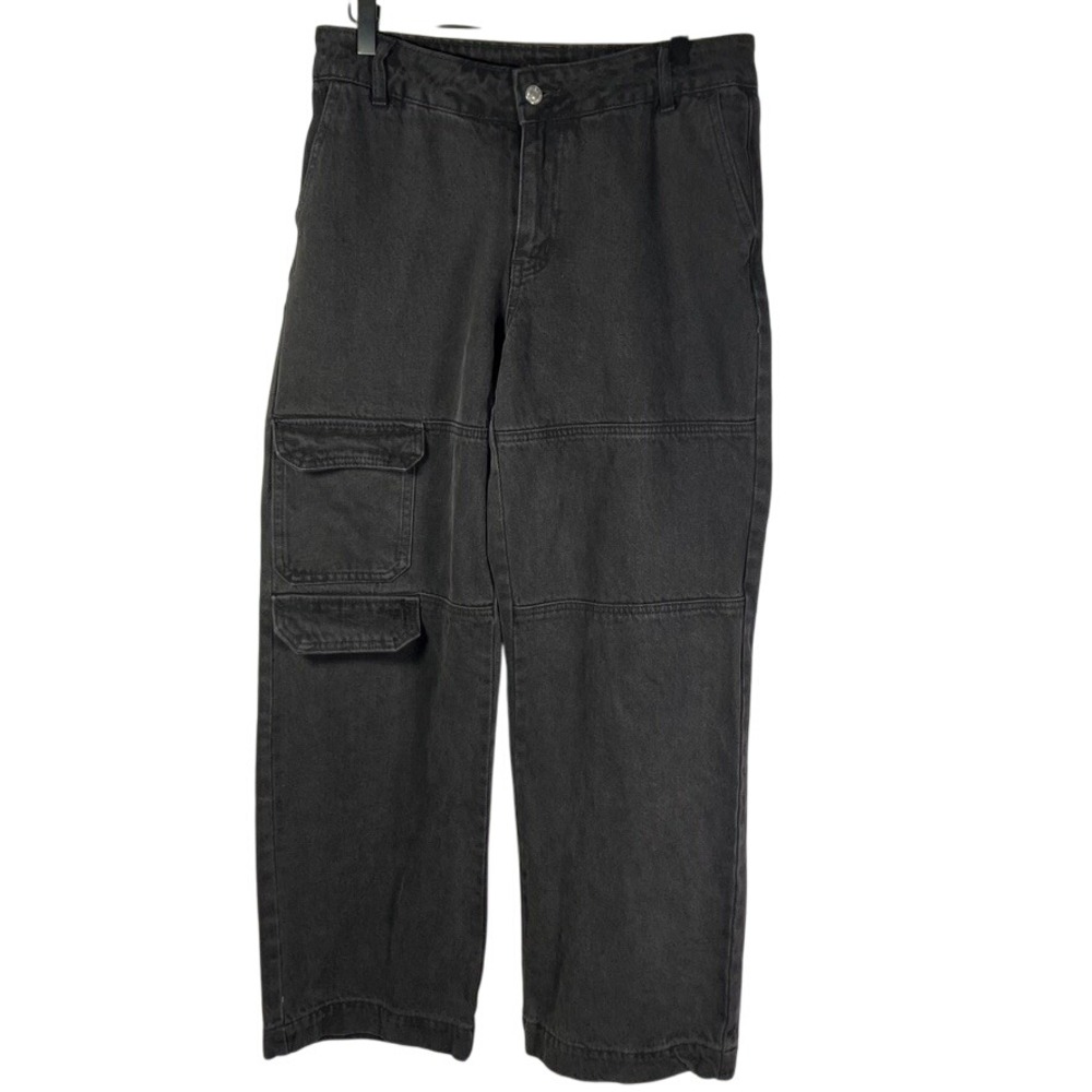 Forever 21 Women Cargo Jeans Black Size 28 High Rise Wide Leg Denim Pants Baggy